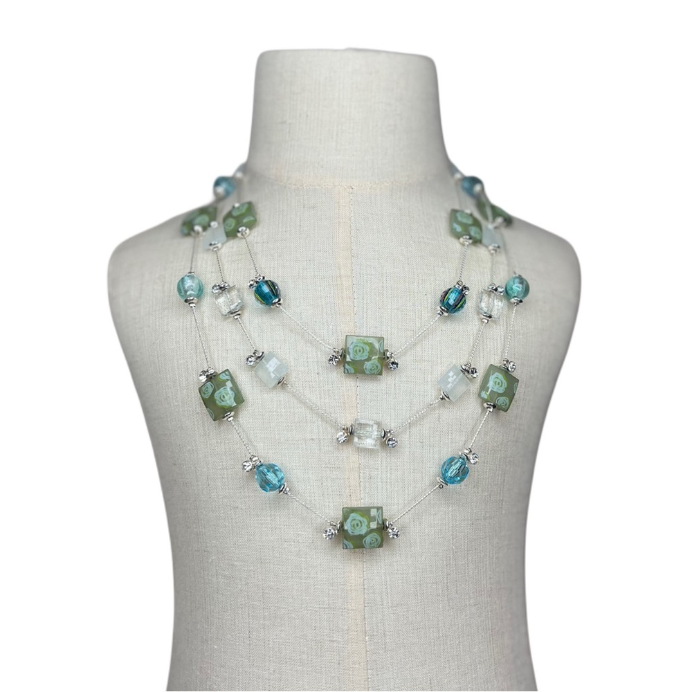 Three layer silver necklace with green clear and aqua beading and rhinestones